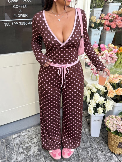 GalTyme Plus Size Contrast Color Long Sleeve Top & Pants 2 Pieces Set,Cerise Pink,Autumn,Smart Casual,Everyday,Chic Elegant Y2k Party Christmas Vacation Fall