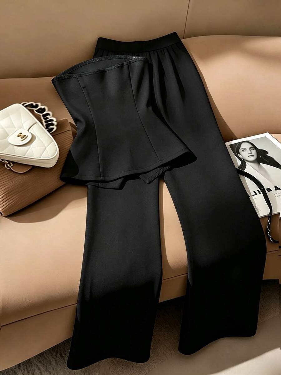 SHEIN Franclia Elegant White Cinched Waist Bandeau Top And Wide Leg Pants Set, Wrinkle-Resistant Draping Slimming Two Pieces Outfit For Office, Commute, Interview, Business, French Luxury Style With White Metal Buckle Bandeau Top + Wide Leg Pants, Suitabl