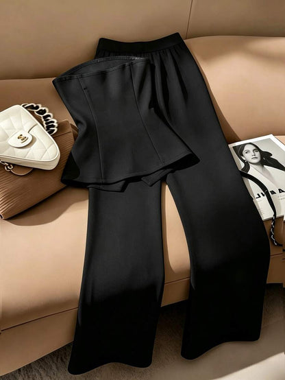 SHEIN Franclia Elegant White Cinched Waist Bandeau Top And Wide Leg Pants Set, Wrinkle-Resistant Draping Slimming Two Pieces Outfit For Office, Commute, Interview, Business, French Luxury Style With White Metal Buckle Bandeau Top + Wide Leg Pants, Suitabl