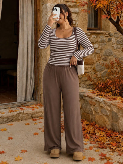 Lounesse Plus Size Women Solid Color Square Neck Long Sleeve T-Shirt And Pants Casual 2 Pieces Set Casual Daily Going Out 2 Pieces Sets Casual School Outfit Set