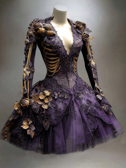 Purple version on a mannequin, showing lace overlay, golden ribcage print, gold roses and a small skull detail on the tulle skirt. 6