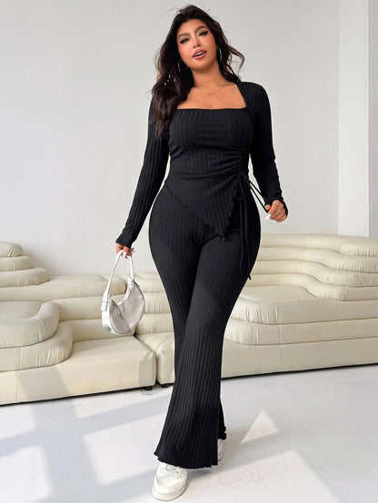 GalTyme Plus Size Women's Casual Asymmetrical Hem Tie Top And Flared Leg Pants Set Fall