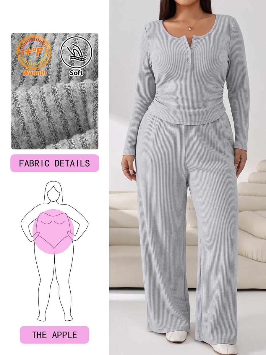 GalTyme Plus Size Women's Solid Color Long Sleeve T-Shirt And Wide Leg Pants Casual 2-Piece Set Fall