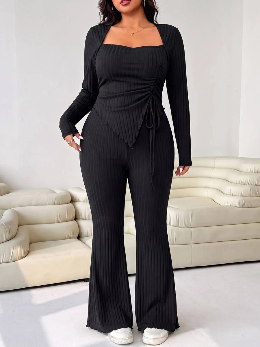 GalTyme Plus Size Women's Casual Asymmetrical Hem Tie Top And Flared Leg Pants Set Fall