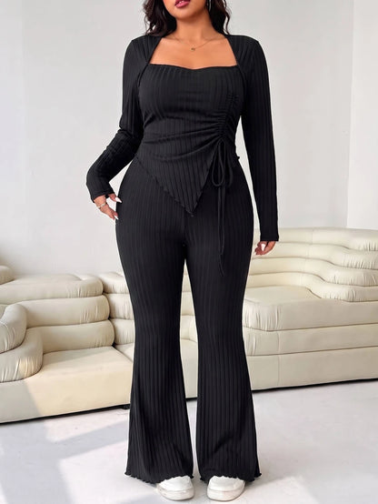 GalTyme Plus Size Women's Casual Asymmetrical Hem Tie Top And Flared Leg Pants Set Fall