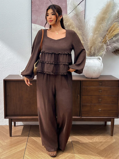 Lounesse Plus Size Casual Women 2 Pieces Set, Long Sleeve Outfit, Casual Women's Clothing Brown 2 Pieces Set, Ruffle Hem Outfit Casual Women 2 Pieces Set Long Sleeve Outfit