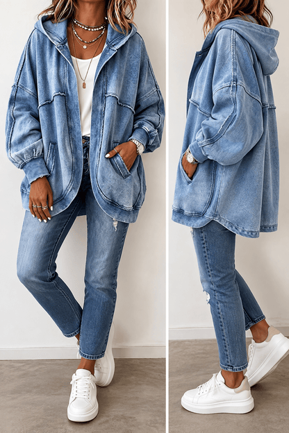 Two full-length views of the oversized blue hooded jacket styled with jeans and white trainers, from the front and the side. 3