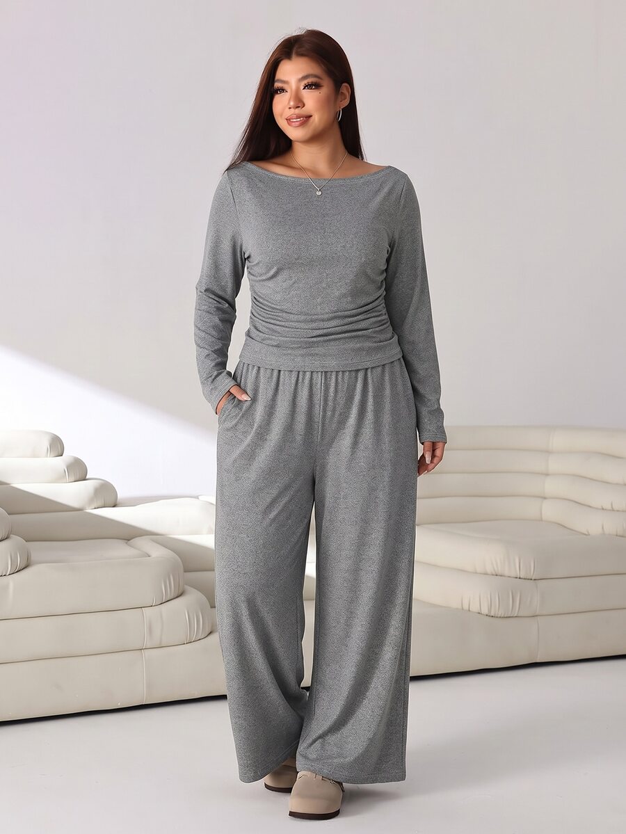 Solflare 2pcs Plus Size Textured Brown Pleated Long Sleeve Top And Pockets Pants Set Fall