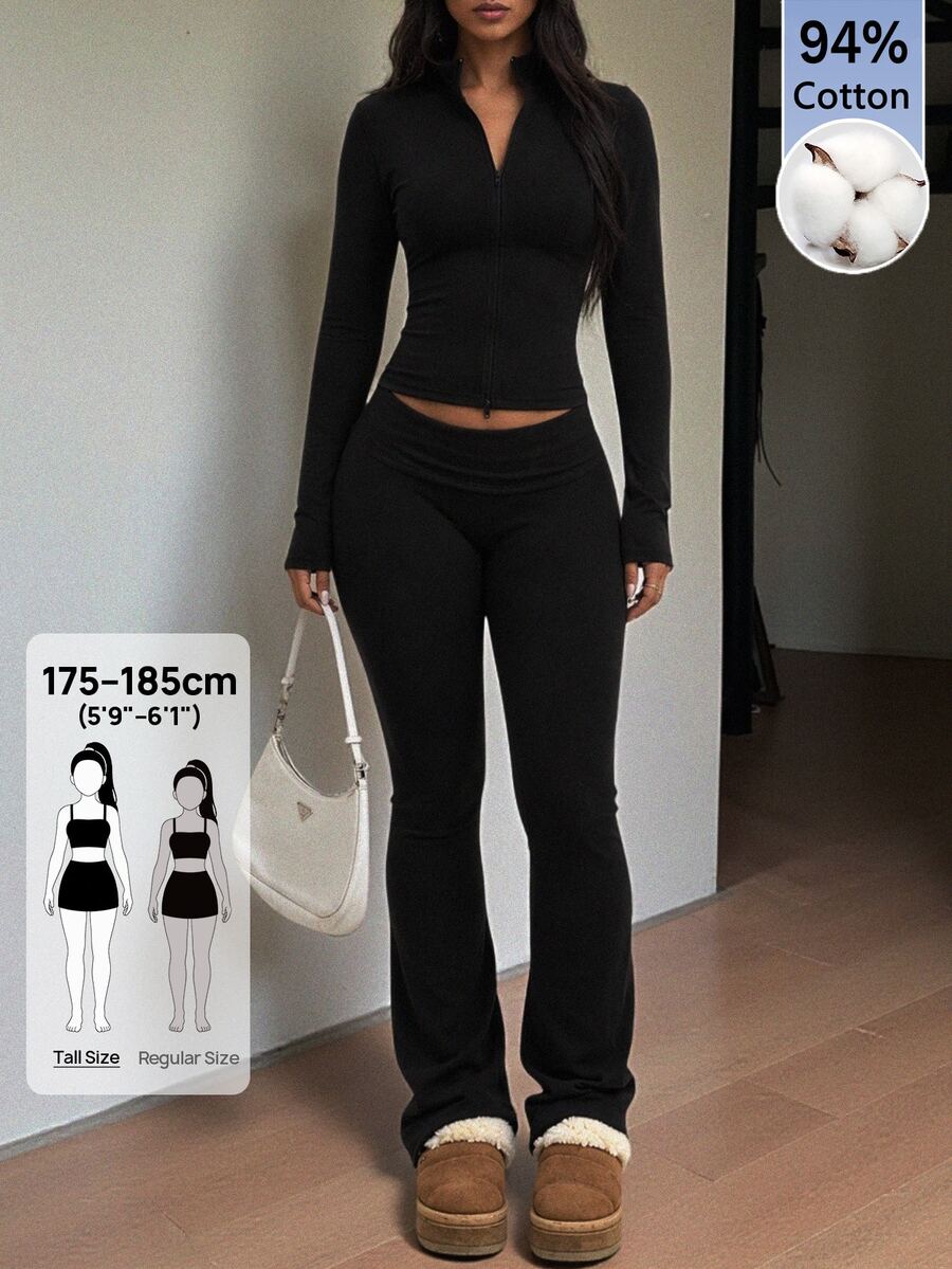 SHEIN Tall Women Shades Of Brown Long Sleeve Top And Fitted Pants 2 Pieces Set, Tall Women Gym Workout Autumn Casual