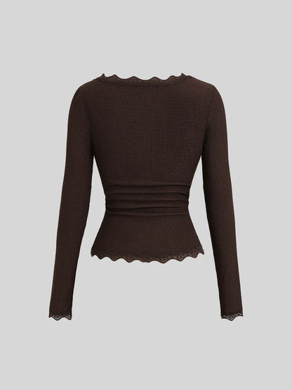 Sweetra Women's Autumn New Brown 2‑Piece Set, Lace‑Trim Slim‑Fit Long‑Sleeve Top & Elastic‑Waist Casual Pants For Vacation Sports & Back‑To‑School Wear