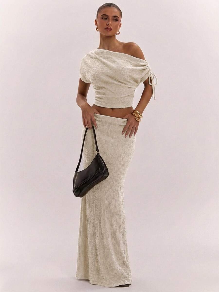 SHEIN BAE Women's Solid Color Asymmetrical Neck Top And Skirt Casual 2 Pieces Set