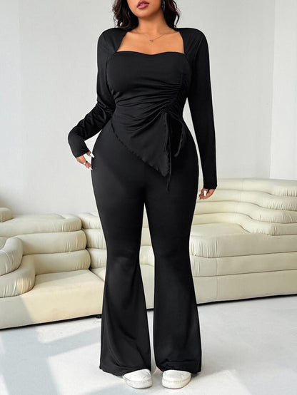 GalTyme Plus Size Women's Casual Asymmetrical Hem Tie Top And Flared Leg Pants Set Fall