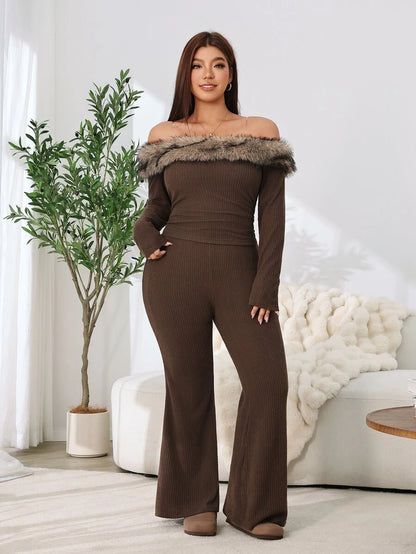 SHEIN EZwear Plus Size Woman Off Shoulder Ribbed 2 Pieces Set,Winter Long Sleeve Pants Sets,Christmas Lounge Set,Burgundy,Autumn,Smart Casual,Everyday Comfortable