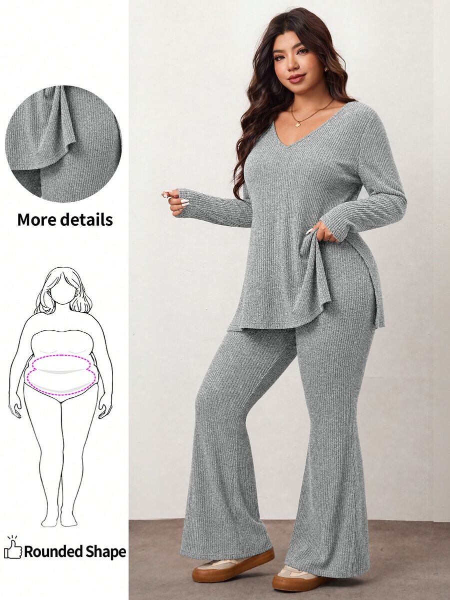 Enliva Plus Size Casual Home Wear 2 Pieces Set: Minimalist Off-Shoulder Ribbed Design, Suitable For Autumn/Winter, Flattering For Curvy Figures Fall