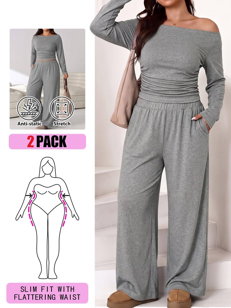 Solflare Plus Size Textured Long Sleeve Top And Loose Pants With Pockets 2 Pieces Set Fall