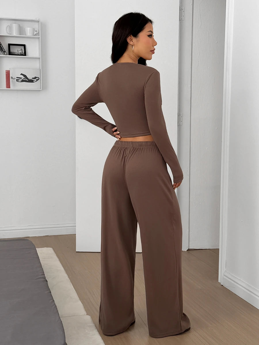 SHEIN EZwear Women's Solid Black Knit Casual Long Sleeve Top And Pants Homewear Set Woman 2 Pieces Outfits 2 Pieces Casual Sets Woman