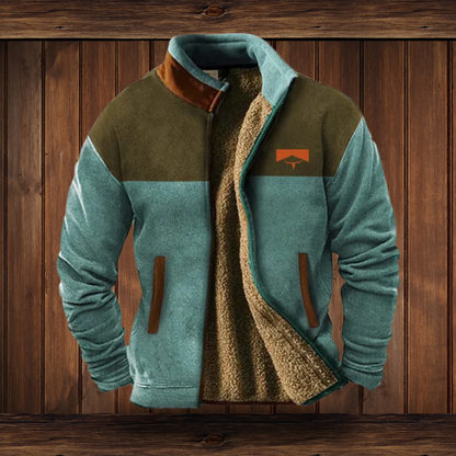 Colour-block fleece jacket with olive shoulders and teal body and sleeves, open to show the plush lining, with an orange chest patch. 6