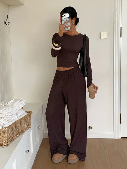 SHEIN EZwear Beige Knitted Women's Crew Neck Long Sleeve T-Shirt And Pants Set Lounge Travel Autumn Casual