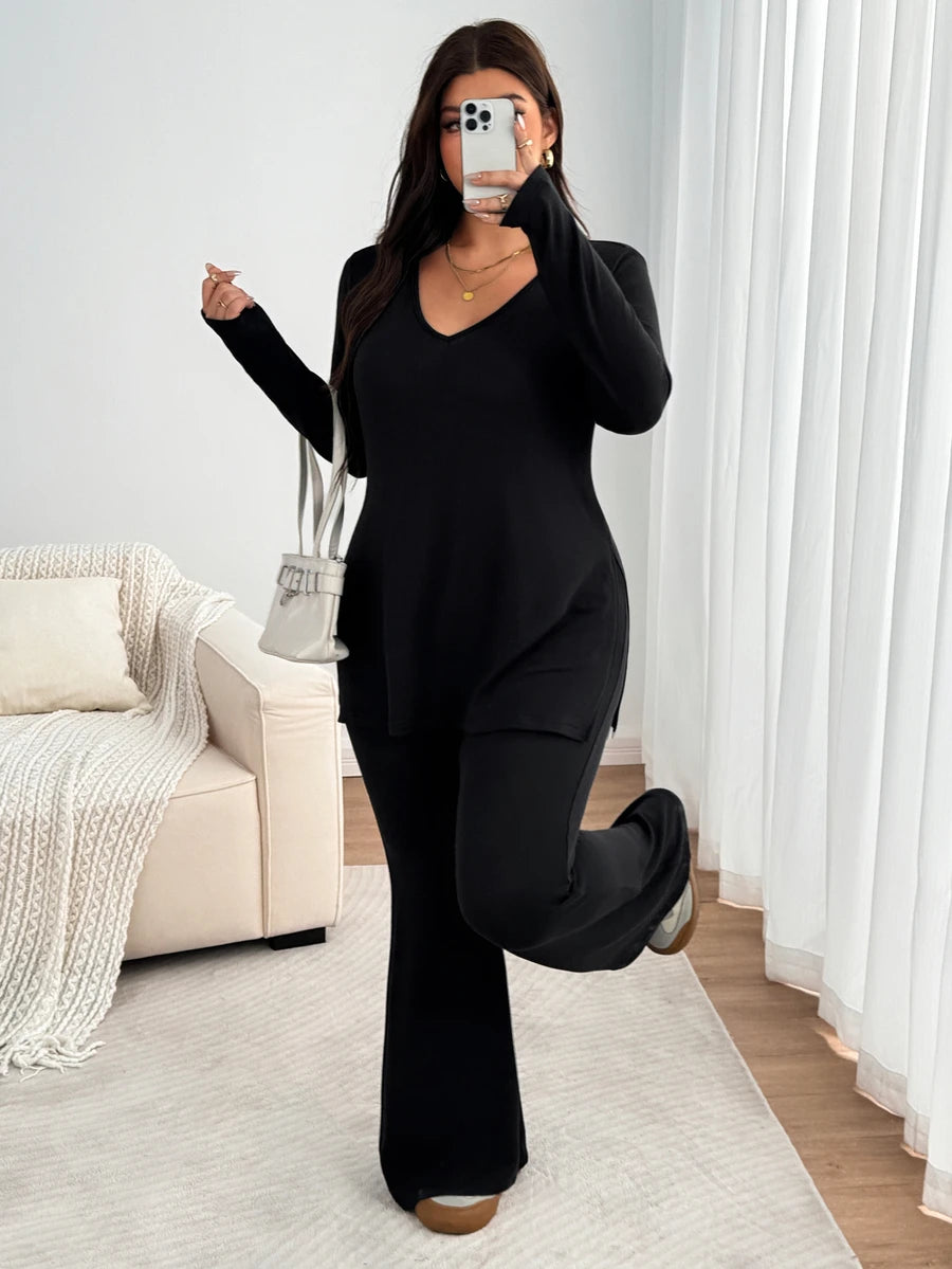 Enliva Plus Size Casual Home Wear 2 Pieces Set: Minimalist Off-Shoulder Ribbed Design, Suitable For Autumn/Winter, Flattering For Curvy Figures Fall