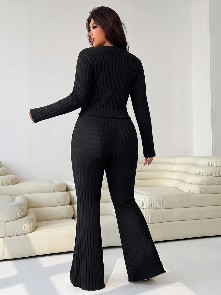 GalTyme Plus Size Women's Casual Asymmetrical Hem Tie Top And Flared Leg Pants Set Fall