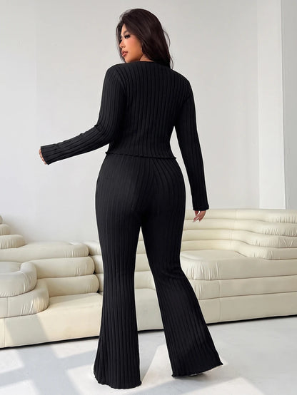 GalTyme Plus Size Women's Casual Asymmetrical Hem Tie Top And Flared Leg Pants Set Fall
