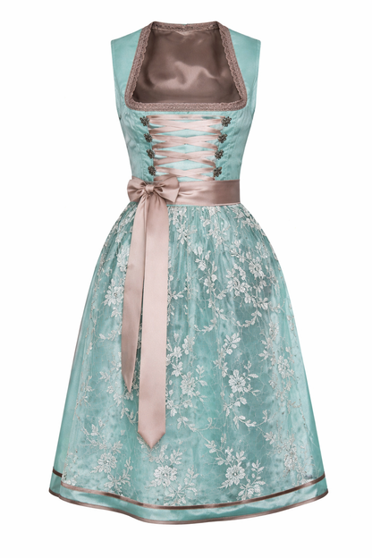 Mint green dirndl with white floral lace overskirt, taupe satin lacing and long side bow, shown flat against white. 2