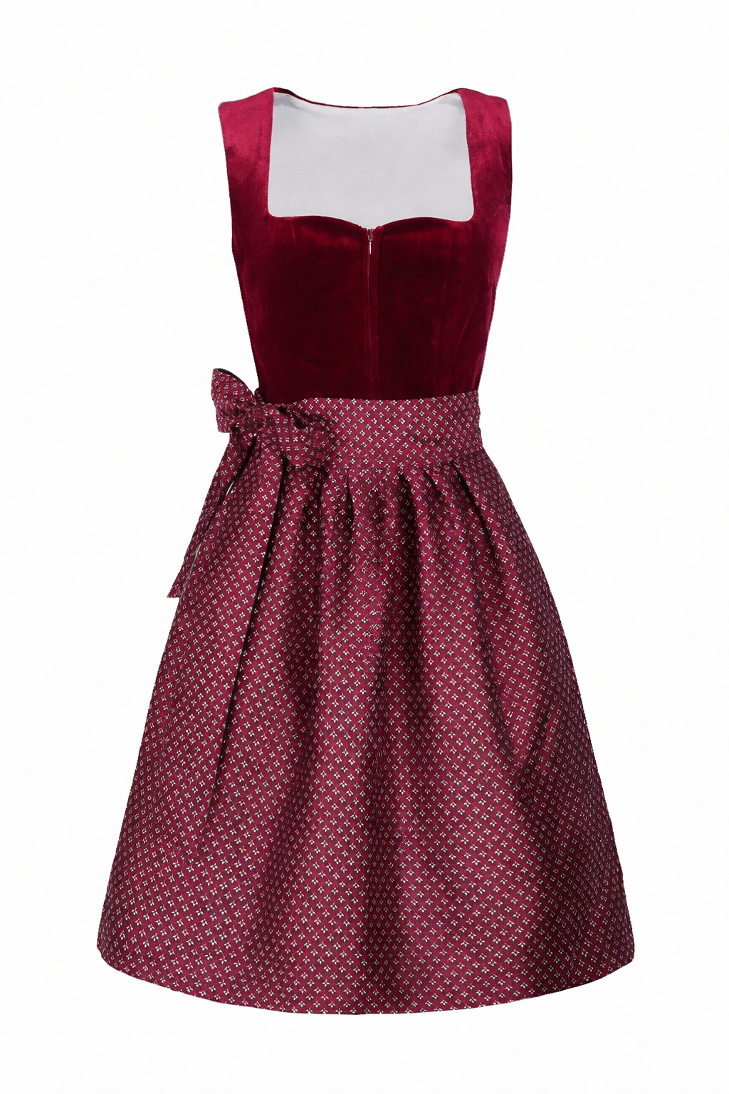 Front view of the burgundy velvet-bodice dirndl with a patterned apron tied in a bow at the left hip. 1