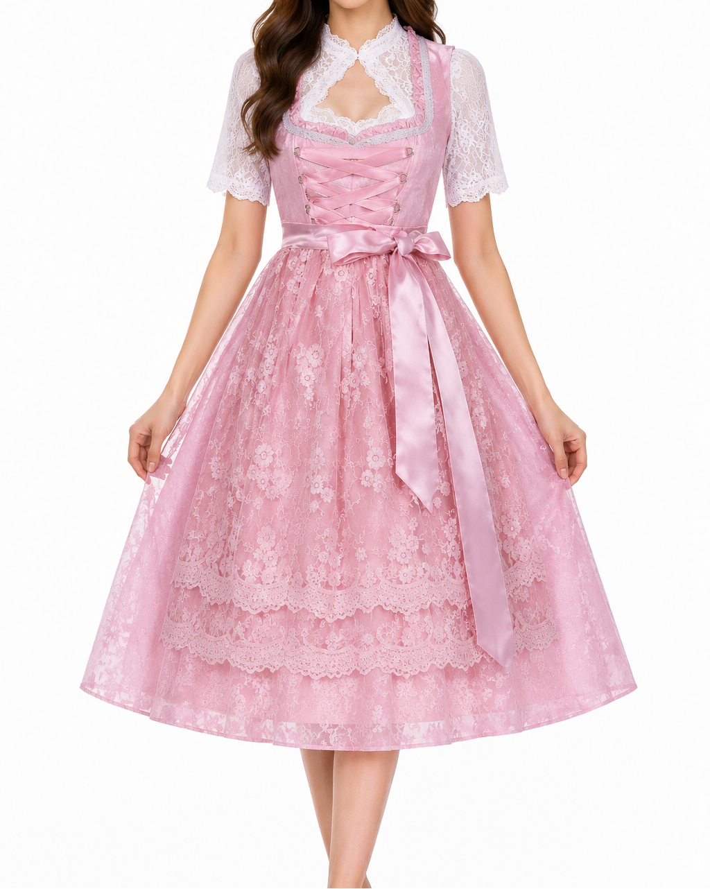 Model in a pink dirndl with lace-over apron, satin bow, front lacing on the bodice and a white lace blouse. 5