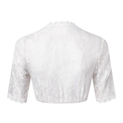 Back of the white lace crop top on its own, showing the all-over rose lace pattern, scalloped collar edge and sleeve trim. 5