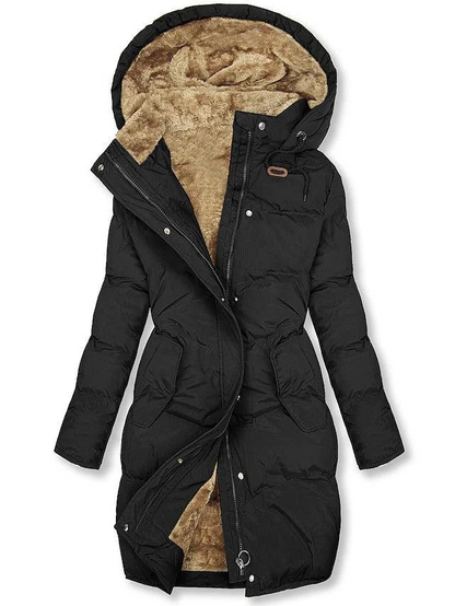Front view of the padded coat in black, unzipped to reveal a warm camel fleece lining inside the hood and body. 3