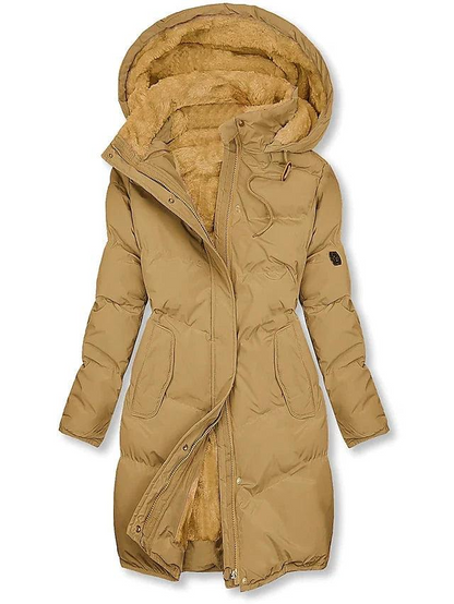 Front view of the padded coat in tan, partly unzipped to show the soft fleece lining in the hood and body. 1