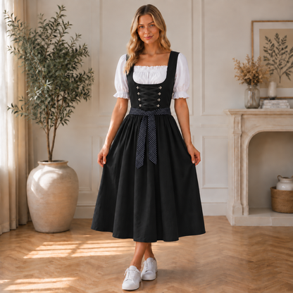 Full-length view of the black dirndl with lace-up bodice and polka-dot ribbon, worn standing in a bright room with an olive tree. 2