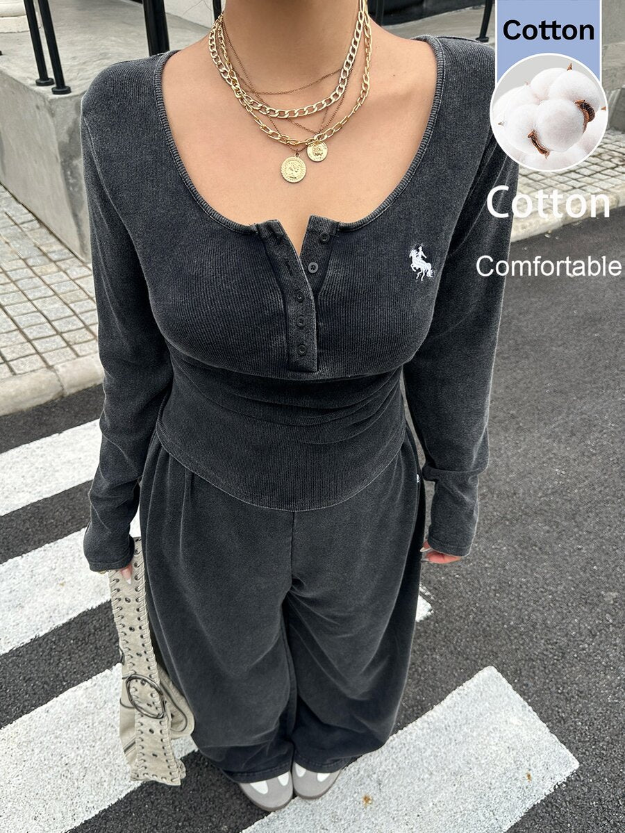 GalTyme Plus Size Women's Solid Color Long Sleeve T-Shirt And Wide Leg Pants Casual 2-Piece Set Fall
