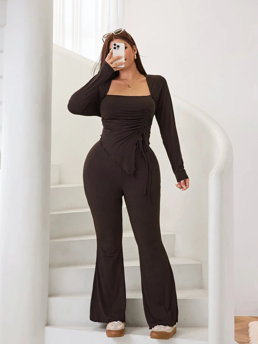 GalTyme Plus Size Women's Casual Asymmetrical Hem Tie Top And Flared Leg Pants Set Fall