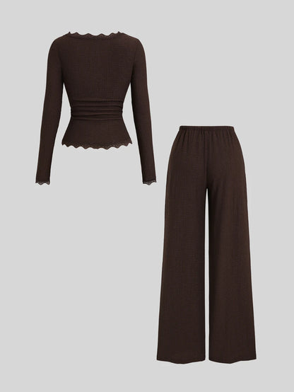 Sweetra Women's Autumn New Brown 2‑Piece Set, Lace‑Trim Slim‑Fit Long‑Sleeve Top & Elastic‑Waist Casual Pants For Vacation Sports & Back‑To‑School Wear