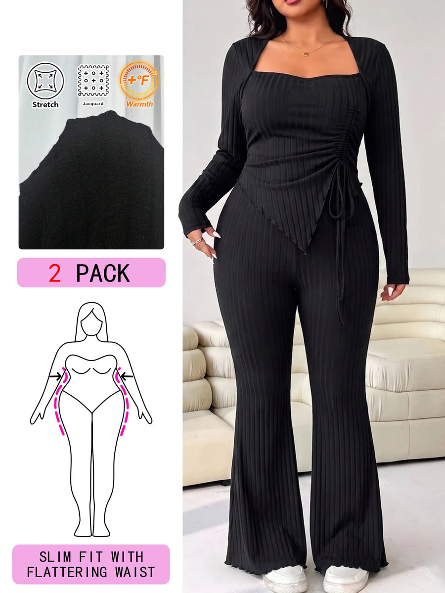 GalTyme Plus Size Women's Casual Asymmetrical Hem Tie Top And Flared Leg Pants Set Fall