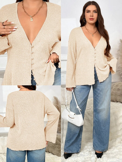 SHEIN Frenchy Plus Size Faux Pearl Button Deep V-Neck Long-Sleeved Knitted Coat, Spring Casual Mother's Day, Fall/Winter