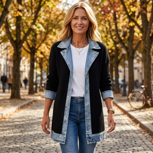 Model walking along a cobbled tree-lined street in autumn, wearing the black ribbed coat with denim collar, cuffs and hem over a white tee and jeans. 1