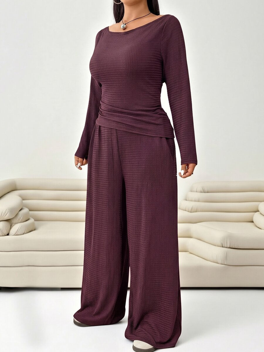 Solflare Plus Size Textured Long Sleeve Top And Loose Pants With Pockets 2 Pieces Set Fall