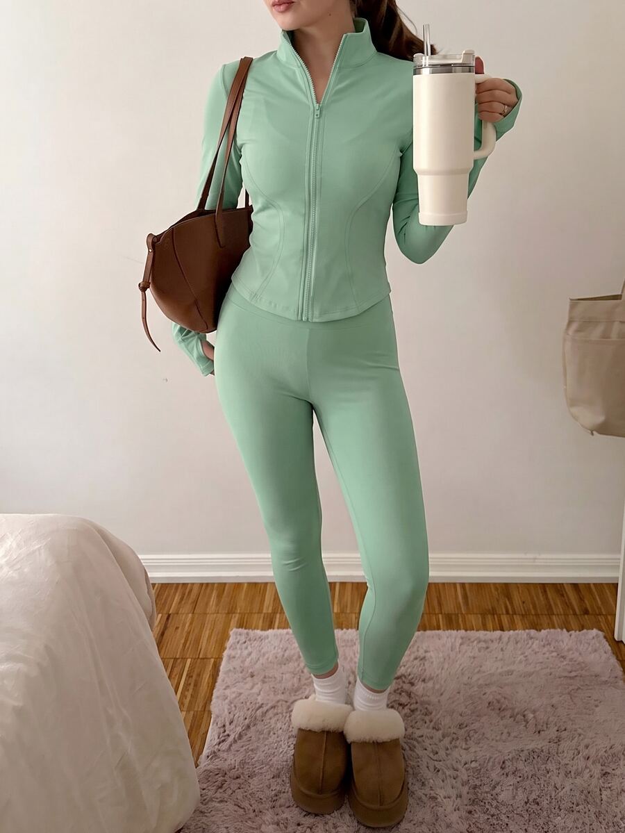 SHEIN EZwear Black Knit Women Zip-Up Cardigan + Camisole + Pants 3Pcs Sportswear Casual Set Gym Workout Autumn