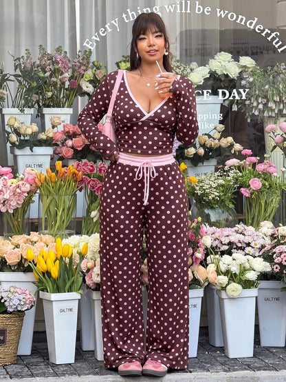 GalTyme Plus Size Contrast Color Long Sleeve Top & Pants 2 Pieces Set,Cerise Pink,Autumn,Smart Casual,Everyday,Chic Elegant Y2k Party Christmas Vacation Fall