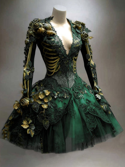 Green version on a mannequin, featuring dark lace, golden skeleton print, gold roses on the shoulders and a layered tulle skirt. 4