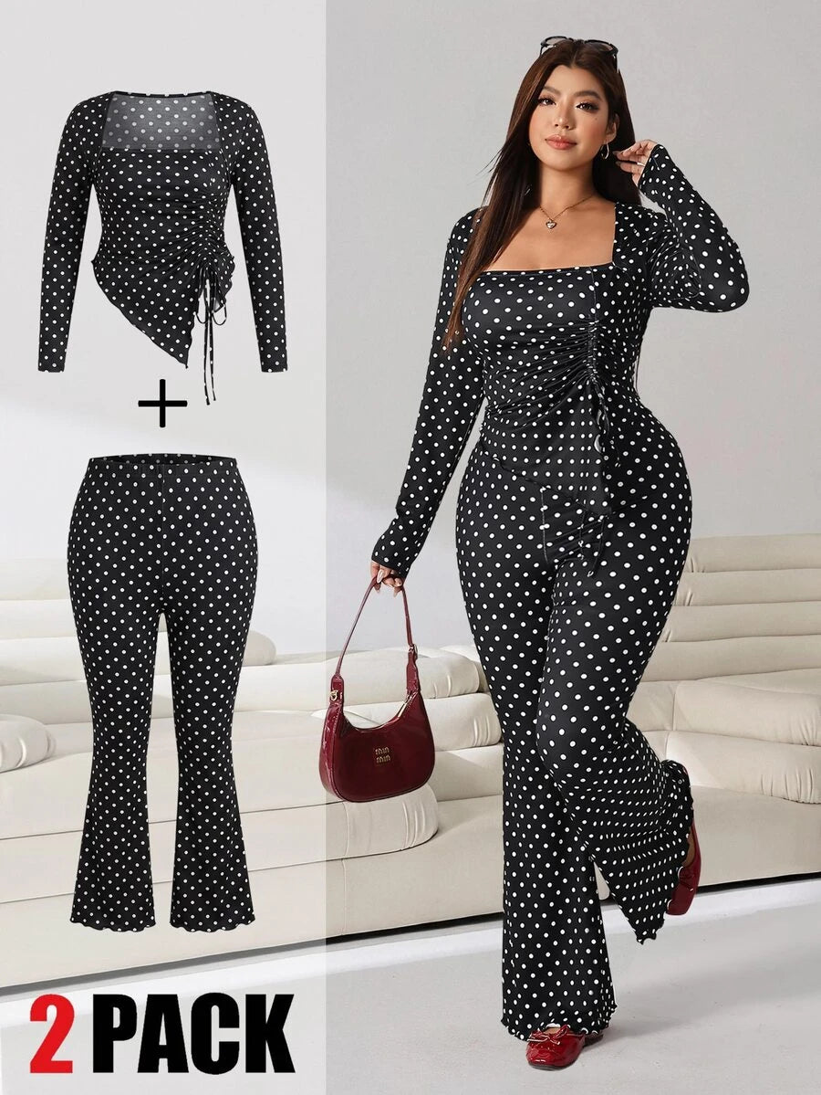 GalTyme Plus Size Women's Casual Asymmetrical Hem Tie Top And Flared Leg Pants Set Fall
