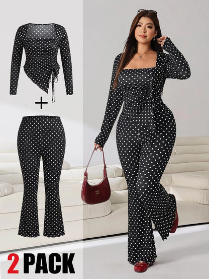 GalTyme Plus Size Women's Casual Asymmetrical Hem Tie Top And Flared Leg Pants Set Fall