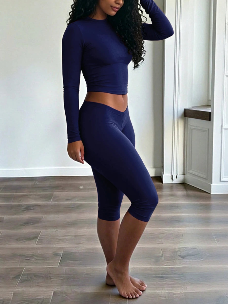 INAWLY Solva Women's Solid Color Crew Neck Long Sleeve T-Shirt And Leggings 2-Piece Set
