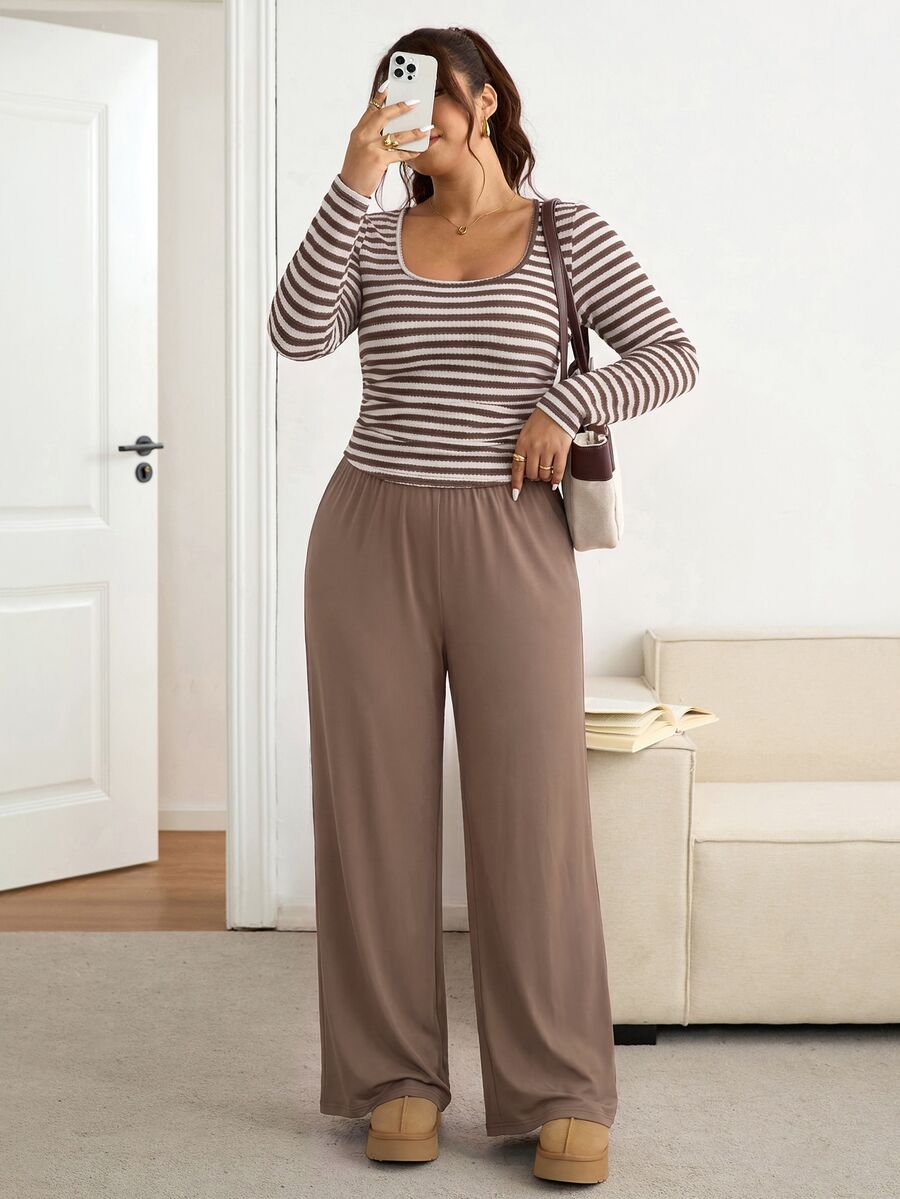 SHEIN Frenchy Plus Size Women Square Neck Black Long Sleeve T-Shirt And Wide Leg Pants Casual 2 Piece Set Formal Office Holiday Holiday Autumn Fall