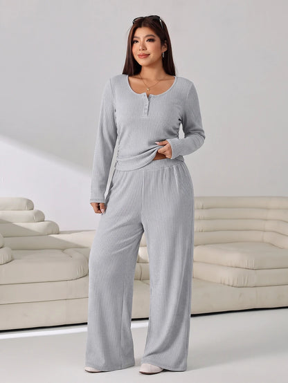 GalTyme Plus Size Women's Solid Color Long Sleeve T-Shirt And Wide Leg Pants Casual 2-Piece Set Fall