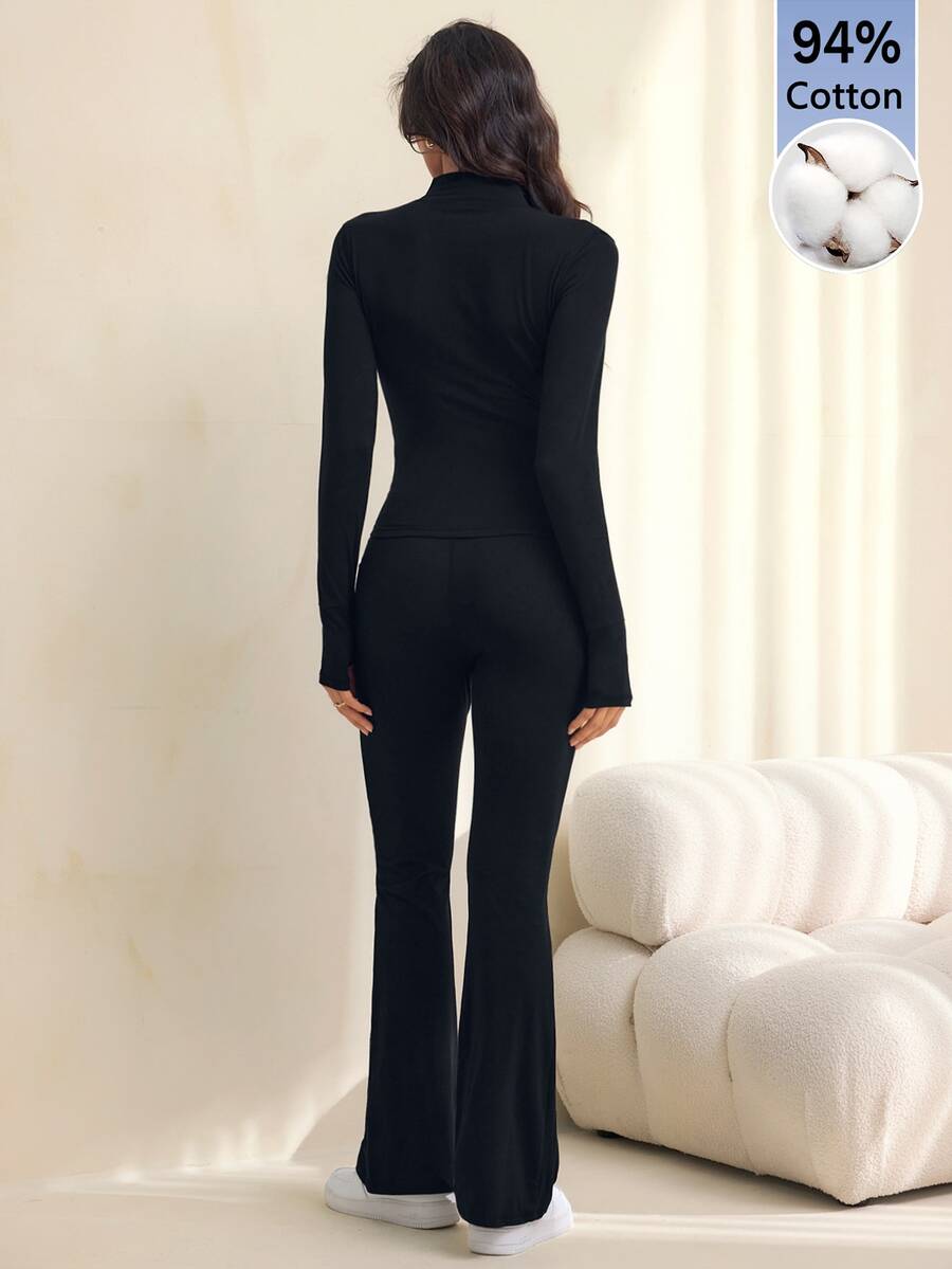 SHEIN Tall Women Shades Of Brown Long Sleeve Top And Fitted Pants 2 Pieces Set, Tall Women Gym Workout Autumn Casual