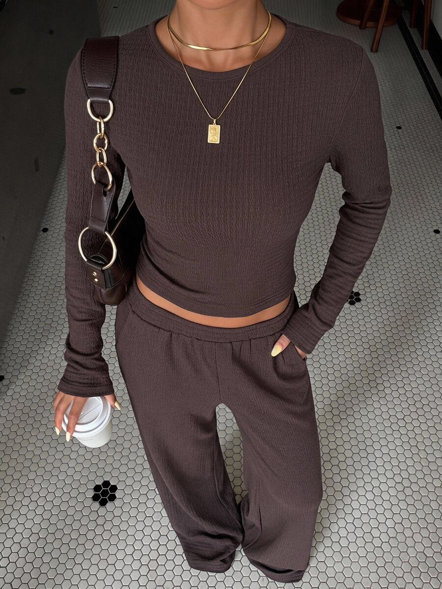 SHEIN EZwear Beige Knitted Women's Crew Neck Long Sleeve T-Shirt And Pants Set Lounge Travel Autumn Casual