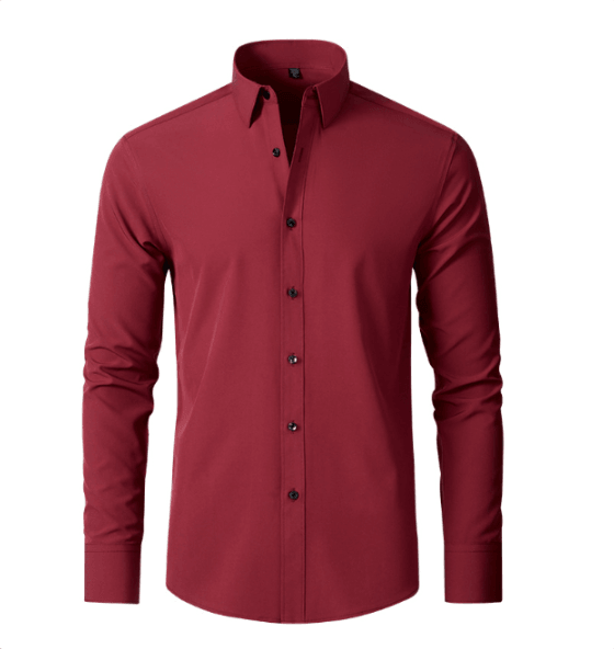 Burgundy red long-sleeved shirt with collar and black buttons, shown flat from the front on a plain white background. 7